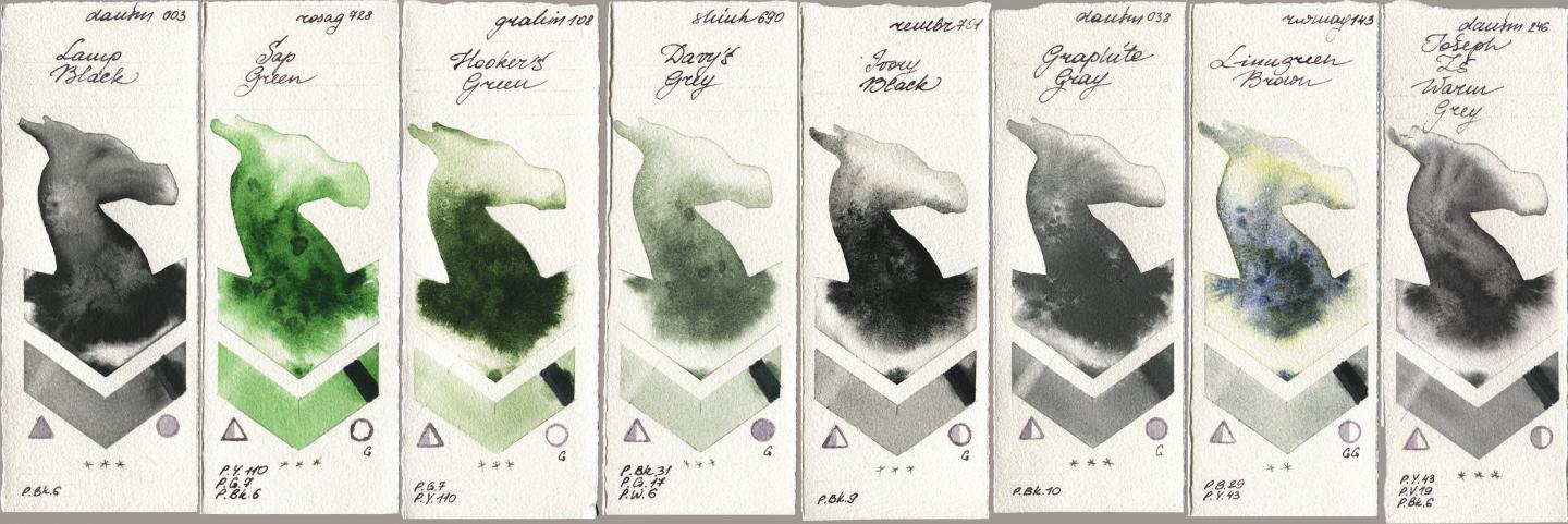Daniel Smith 003 Lamp Black, Rosa Gallery 728 Sap Green, M. Graham & Co. Artists 108 Hookers Green, Shinhan PWC 690 Davys Grey, Royal Talens Rembrandt Watercolour 701 Ivory Black, 038 Graphite Gray, Rockwell 143 Limugreen Brown, 246 Joseph Zs Warm Gr watercolor swatch