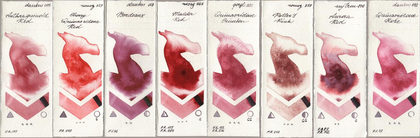 Daniel Smith 005 Anthraquinoid Red, Roman Szmal Aquarius 329 Cherry Quinacridone Red, 008 Bordeaux, Rosa Gallery 725 Madder Red, Golden QOR 260 Quinacridone Crimson, 359 Potters Pink, Mijello Mission Gold 806 Aurora Red, 092 Quinacridone Ro watercolor swatch