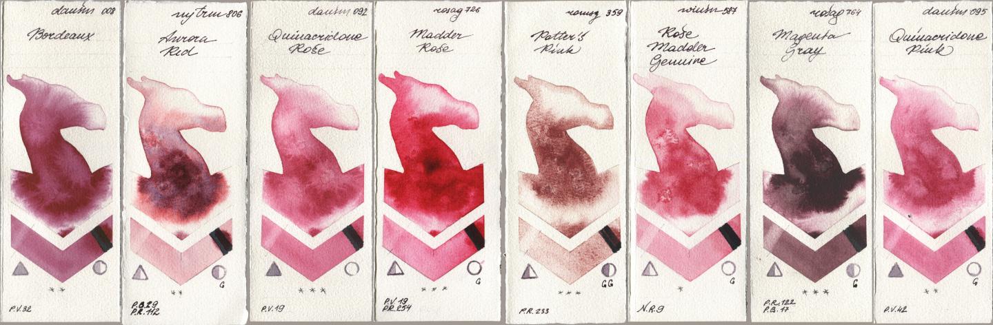 Daniel Smith 008 Bordeaux, Mijello Mission Gold 806 Aurora Red, 092 Quinacridone Rose, Rosa Gallery 726 Madder Rose, Roman Szmal Aquarius 359 Potters Pink, Winsor & Newton Professional 587 Rose Madder Genuine, 764 Magenta Gray, 095 Quinacridone Pi watercolor swatch