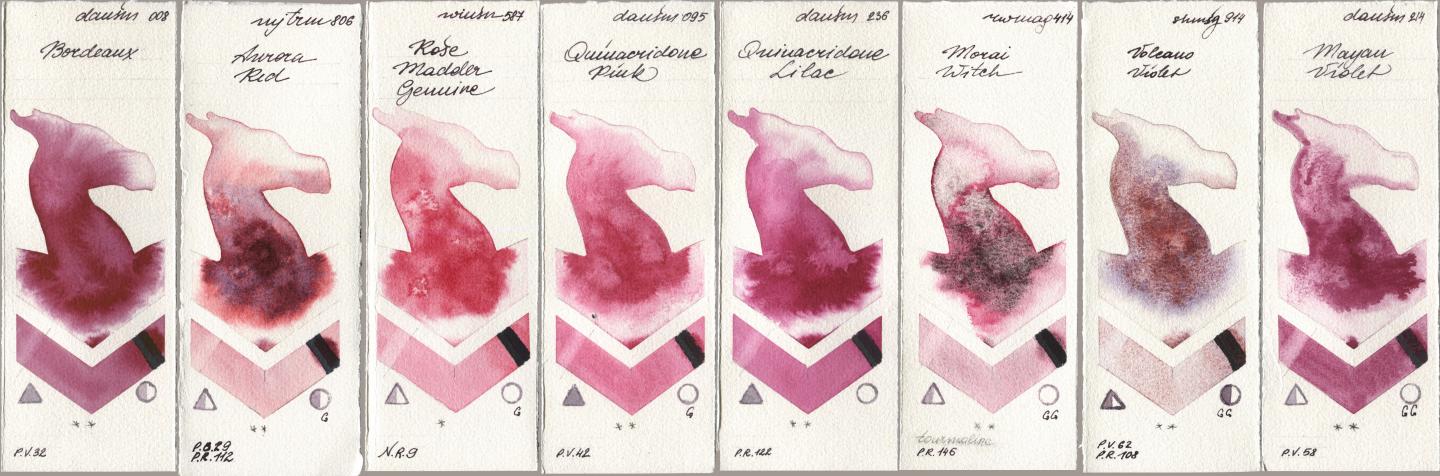 Daniel Smith 008 Bordeaux, Mijello Mission Gold 806 Aurora Red, Winsor & Newton Professional 587 Rose Madder Genuine, 095 Quinacridone Pink, 236 Quinacridone Lilac, Rockwell 414 Morai Witch, Shminke Horadam Aquarell 914 Volcano Violet, 214 Mayan Viol watercolor swatch