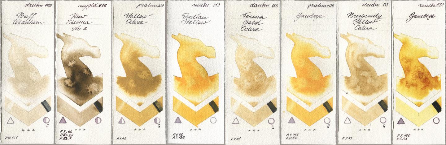 Daniel Smith 009 Buff Titanium, Mijello Mission Gold 606 Raw Sienna No 2, M. Graham & Co. Artists 200 Yellow Ochre, Winsor & Newton Professional 319 Indian Yellow, 123 Verona Gold Ochre, 105 Gamboge, 147 Burgundy Yellow Ochre, Royal Talens Rembrandt Watercolour 238 Gambo watercolor swatch