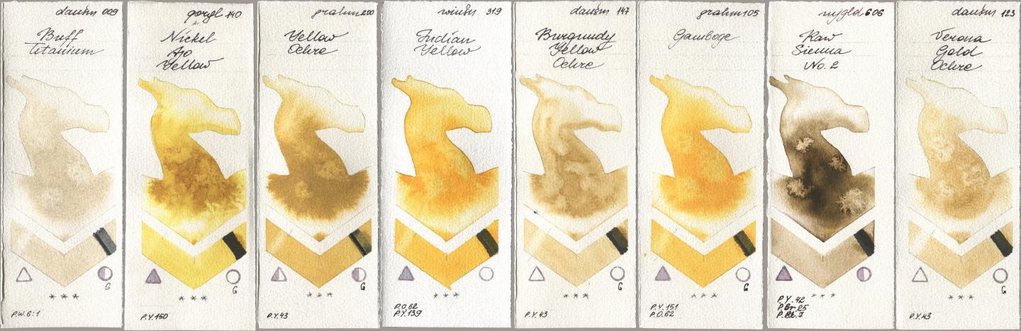 Daniel Smith 009 Buff Titanium, Golden QOR 140 Nickel Azo Yellow, M. Graham & Co. Artists 200 Yellow Ochre, Winsor & Newton Professional 319 Indian Yellow, 147 Burgundy Yellow Ochre, 105 Gamboge, Mijello Mission Gold 606 Raw Sienna No 2, 123 Verona Gold Och watercolor swatch