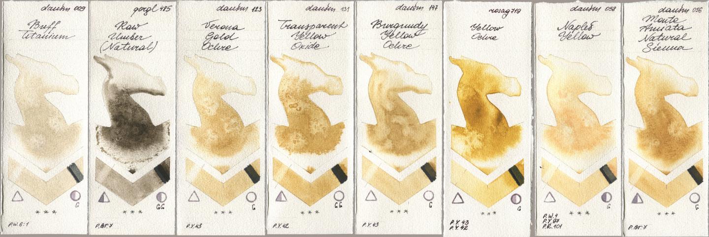 Daniel Smith 009 Buff Titanium, Golden QOR 485 Raw Umber (Natural), 123 Verona Gold Ochre, 131 Transparent Yellow Oxide, 147 Burgundy Yellow Ochre, Rosa Gallery 719 Yellow Ochre, 058 Naples Yellow, 056 Monte Amiata Natural Sien watercolor swatch