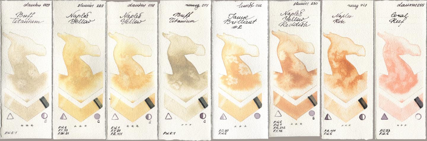 Daniel Smith 009 Buff Titanium, Shminke Horadam Aquarell 229 Naples Yellow, 058 Naples Yellow, Roman Szmal Aquarius 201 Buff Titanium, Holbein Artists Watercolor 032 Jaune Brillant No 2, 230 Naples Yellow Reddish, Rosa Gallery 748 Naples Rose, 255 Coral Re watercolor swatch