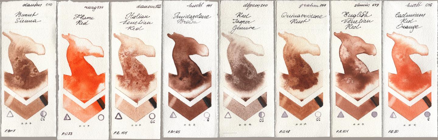 Daniel Smith 010 Burnt Sienna, Rosa Gallery 734 Flame Red, 122 Italian Venetian Red, Holbein Artists Watercolor 141 Imidazolone Brown, 240 Red Jasper Genuine, M. Graham & Co. Artists 157 Quinacridone Rust, Shminke Horadam Aquarell 649 English Venetian Red, 016 Cadmium Red Oran watercolor swatch