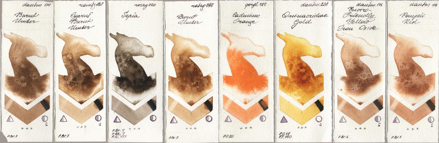 Daniel Smith 011 Burnt Umber, Roman Szmal Aquarius 128 Cyprus Burnt Umber, Rosa Gallery 720 Sepia, 746 Burnt Umber, Golden QOR 180 Cadmium Orange, 238 Quinacridone Gold, 176 Enviro-Friendly Yellow Iron Oxide, 116 Pompeii R watercolor swatch