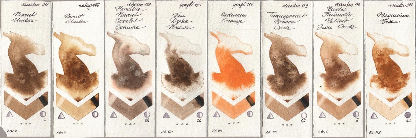 Daniel Smith 011 Burnt Umber, Rosa Gallery 746 Burnt Umber, 158 Hematite Burnt Scarlet Genuine, Golden QOR 495 Van Dyke Brown, 180 Cadmium Orange, 129 Transparent Brown Oxide, 176 Enviro-Friendly Yellow Iron Oxide, Winsor & Newton Professional 381 Magnesuim Bro watercolor swatch