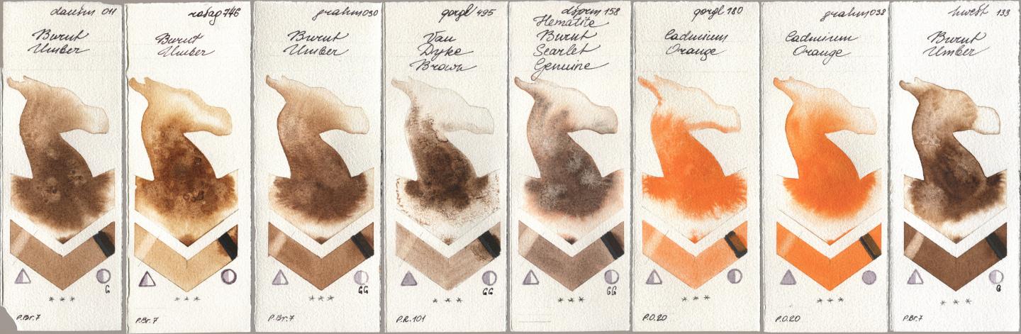 Daniel Smith 011 Burnt Umber, Rosa Gallery 746 Burnt Umber, M. Graham & Co. Artists 030 Burnt Umber, Golden QOR 495 Van Dyke Brown, 158 Hematite Burnt Scarlet Genuine, 180 Cadmium Orange, 038 Cadmium Orange, Holbein Artists Watercolor 133 Burnt Umb watercolor swatch