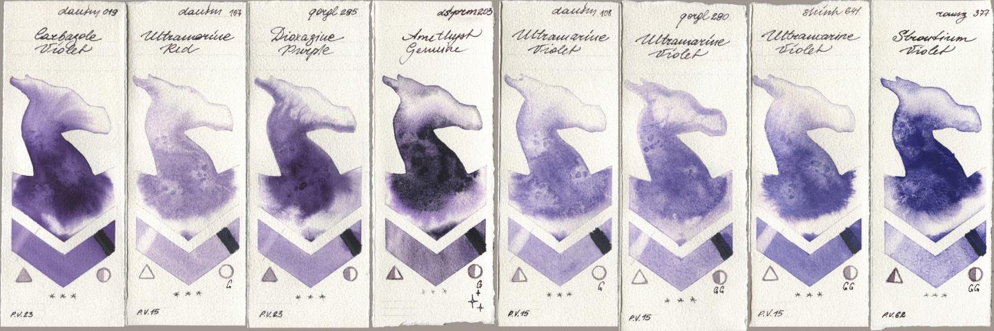 Daniel Smith 019 Carbazole Violet, 107 Ultramarine Red, Golden QOR 295 Dioxazine Purple, 203 Amethyst Genuine, 108 Ultramarine Violet, 290 Ultramarine Violet, Shinhan PWC 641 Ultramarine Violet, Roman Szmal Aquarius 377 Strontium Viol watercolor swatch