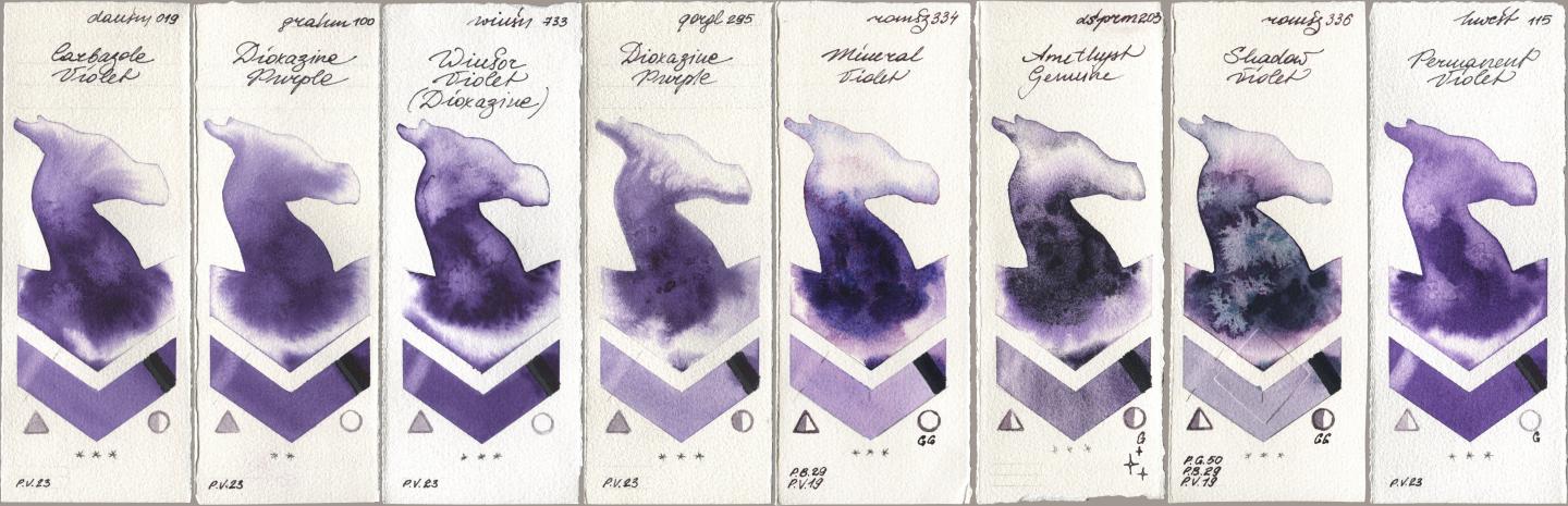 Daniel Smith 019 Carbazole Violet, M. Graham & Co. Artists 100 Dioxazine Purple, Winsor & Newton Professional 733 Winsor Violet (Dioxazine), Golden QOR 295 Dioxazine Purple, Roman Szmal Aquarius 334 Mineral Violet, 203 Amethyst Genuine, 336 Shadow Violet, Holbein Artists Watercolor 115 Permanent Viol watercolor swatch