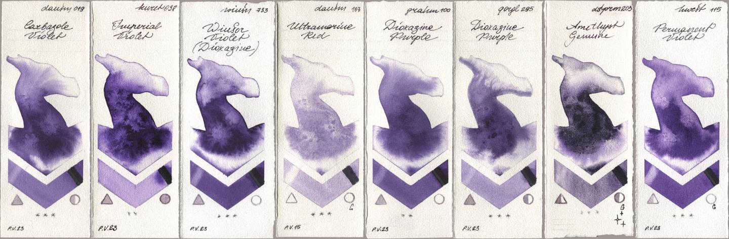 Daniel Smith 019 Carbazole Violet, Kuretake Gansai Tambi 038 Imperial Violet, Winsor & Newton Professional 733 Winsor Violet (Dioxazine), 107 Ultramarine Red, M. Graham & Co. Artists 100 Dioxazine Purple, Golden QOR 295 Dioxazine Purple, 203 Amethyst Genuine, Holbein Artists Watercolor 115 Permanent Viol watercolor swatch