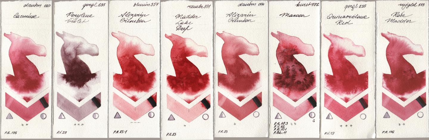 Daniel Smith 020 Carmine, Golden QOR 635 Perylene Violet, Shminke Horadam Aquarell 357 Alizarin Crimson, Royal Talens Rembrandt Watercolour 331 Madder Lake Deep, 004 Alizarin Crimson, Kuretake Gansai Tambi 072 Maroon, 235 Quinacridone Red, Mijello Mission Gold 513 Rose Madd watercolor swatch