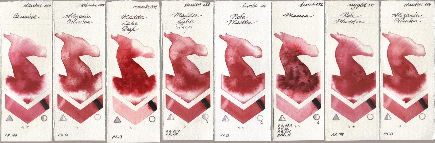Daniel Smith 020 Carmine, Winsor & Newton Professional 004 Alizarin Crimson, Royal Talens Rembrandt Watercolour 331 Madder Lake Deep, Shminke Horadam Aquarell 358 Madder Lake Deep, Holbein Artists Watercolor 012 Rose Madder, Kuretake Gansai Tambi 072 Maroon, Mijello Mission Gold 513 Rose Madder, 004 Alizarin Crims watercolor swatch