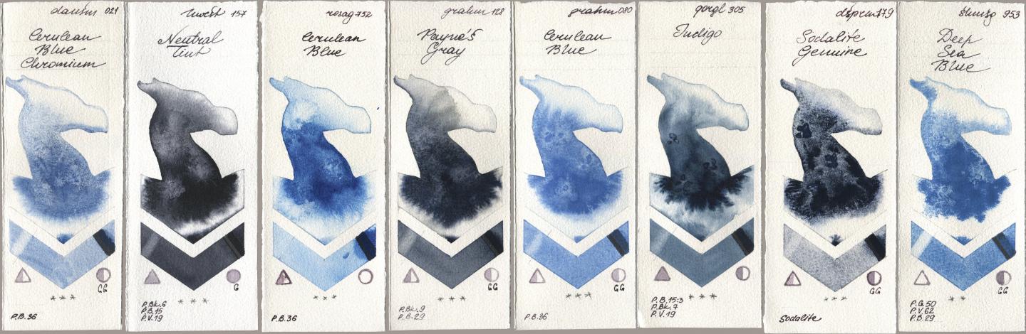 Daniel Smith 021 Cerulean Blue Chromium, Holbein Artists Watercolor 157 Neutral Tint, Rosa Gallery 752 Cerulean Blue, M. Graham & Co. Artists 128 Payne’s Gray, 080 Cerulean Blue, Golden QOR 305 Indigo, 179 Sodalite Genuine, Shminke Horadam Aquarell 953 Deep Sea Bl watercolor swatch