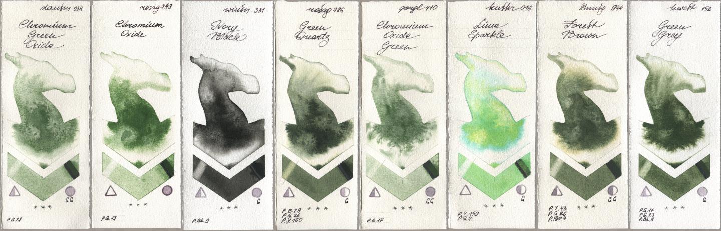 Daniel Smith 024 Chromium Green Oxide, Rosa Gallery 743 Chromium Oxide, Winsor & Newton Professional 331 Ivory Black, 786 Green Quartz, Golden QOR 410 Chromium Oxide Green, Kusakabe 016 Lime Sparkle, Shminke Horadam Aquarell 944 Forest Brown, Holbein Artists Watercolor 152 Green Gr watercolor swatch