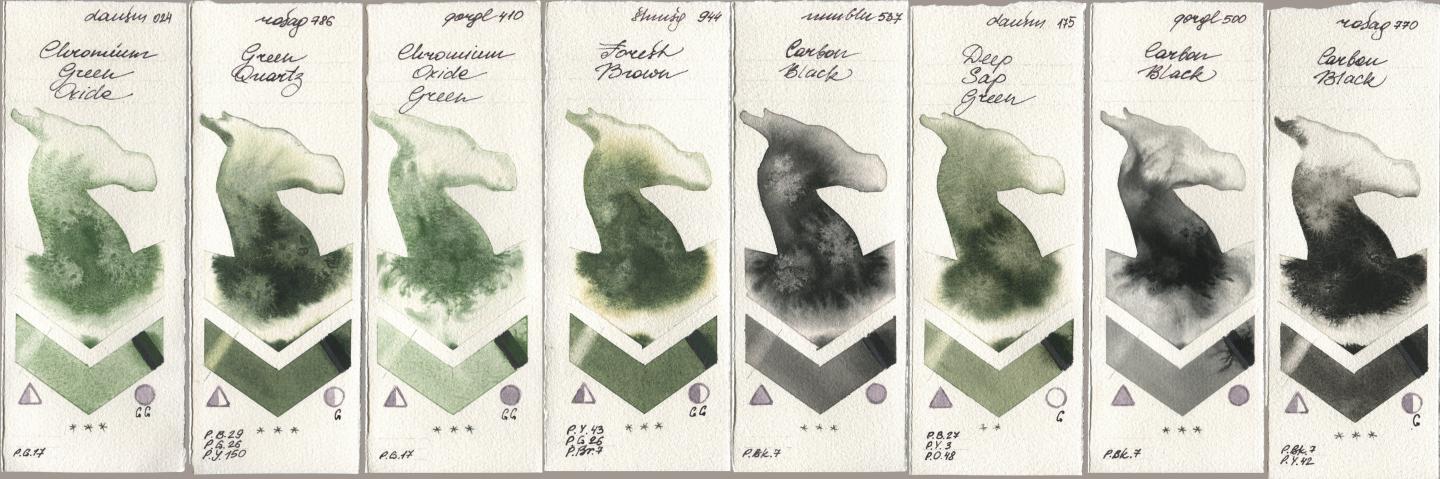 Daniel Smith 024 Chromium Green Oxide, Rosa Gallery 786 Green Quartz, Golden QOR 410 Chromium Oxide Green, Shminke Horadam Aquarell 944 Forest Brown, Maimeri Blu 537 Carbon Black, 175 Deep Sap Green, 500 Carbon Black, 770 Carbon Bla watercolor swatch