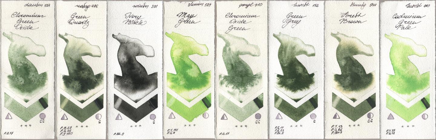 Daniel Smith 024 Chromium Green Oxide, Rosa Gallery 786 Green Quartz, Winsor & Newton Professional 331 Ivory Black, Shminke Horadam Aquarell 524 May Green, Golden QOR 410 Chromium Oxide Green, Holbein Artists Watercolor 152 Green Grey, 944 Forest Brown, 069 Cadmium Green Pa watercolor swatch