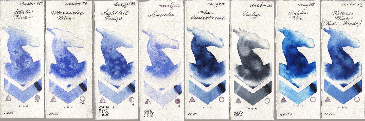 Daniel Smith 025 Cobalt Blue, 106 Ultramarine Blue, Holbein Artists Watercolor 533 Nightfall Indigo, Roman Szmal Aquarius 227 Lavenda, Rosa Gallery 738 Blue Indanthrene, 046 Indigo, 729 Bright Blue, 119 Phthalo Blue (Red Shad watercolor swatch