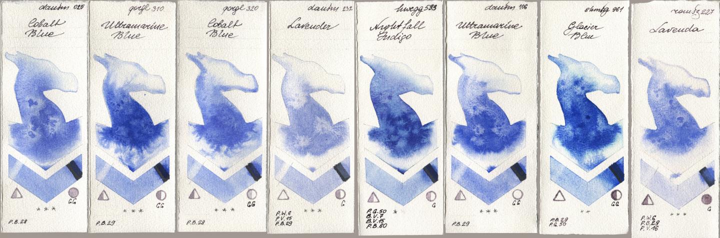 Daniel Smith 025 Cobalt Blue, Golden QOR 310 Ultramarine Blue, 320 Cobalt Blue, 232 Lavender, Holbein Artists Watercolor 533 Nightfall Indigo, 106 Ultramarine Blue, Shminke Horadam Aquarell 961 Glacier Blue, Roman Szmal Aquarius 227 Laven watercolor swatch