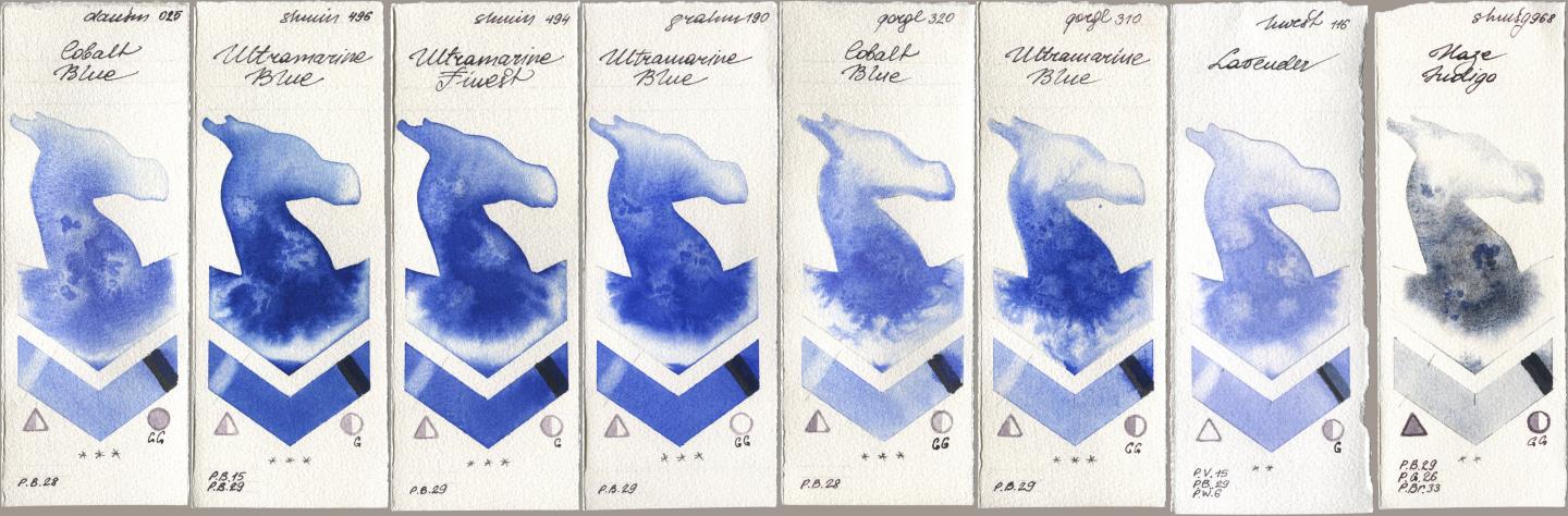 Daniel Smith 025 Cobalt Blue, Shminke Horadam Aquarell 496 Ultramarine Blue, 494 Ultramarine Finest, M. Graham & Co. Artists 190 Ultramarine Blue, Golden QOR 320 Cobalt Blue, 310 Ultramarine Blue, Holbein Artists Watercolor 116 Lavender, 968 Haze Indi watercolor swatch