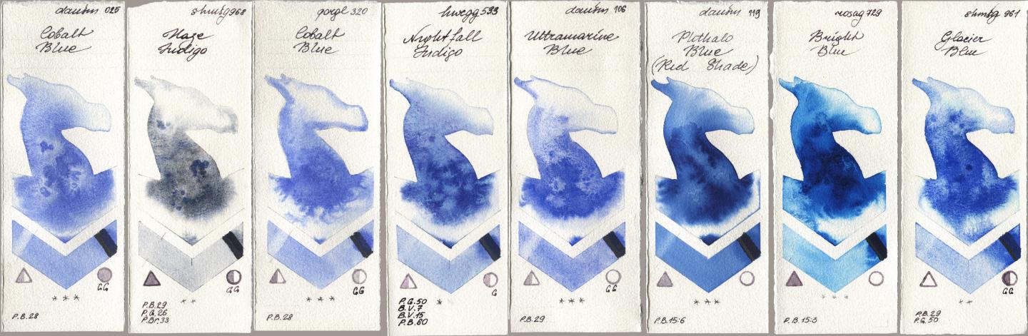 Daniel Smith 025 Cobalt Blue, Shminke Horadam Aquarell 968 Haze Indigo, Golden QOR 320 Cobalt Blue, Holbein Artists Watercolor 533 Nightfall Indigo, 106 Ultramarine Blue, 119 Phthalo Blue (Red Shade), Rosa Gallery 729 Bright Blue, 961 Glacier Bl watercolor swatch