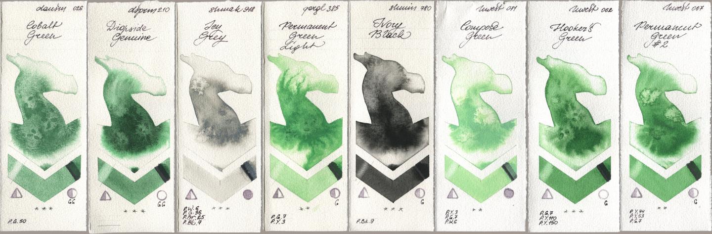 Daniel Smith 026 Cobalt Green, 210 Diopside Genuine, Shminke Akademie Aquarell 918 Icy Grey, Golden QOR 385 Permanent Green Light, Shminke Horadam Aquarell 780 Ivory Black, Holbein Artists Watercolor 071 Compose Green, 062 Hookers Green, 067 Permanent Green No watercolor swatch