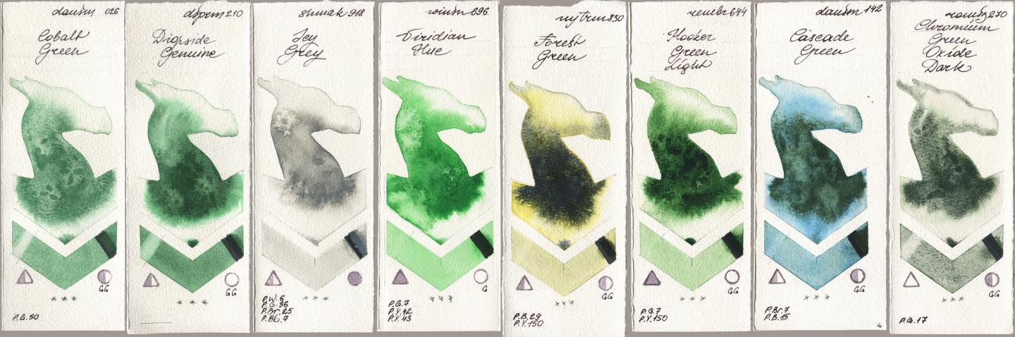 Daniel Smith 026 Cobalt Green, 210 Diopside Genuine, Shminke Akademie Aquarell 918 Icy Grey, Winsor & Newton Professional 696 Viridian Hue, Mijello Mission Gold 830 Forest Green, Royal Talens Rembrandt Watercolour 644 Hooker Green Light, 142 Cascade Green, Roman Szmal Aquarius 270 Chromium Green Oxide Da watercolor swatch