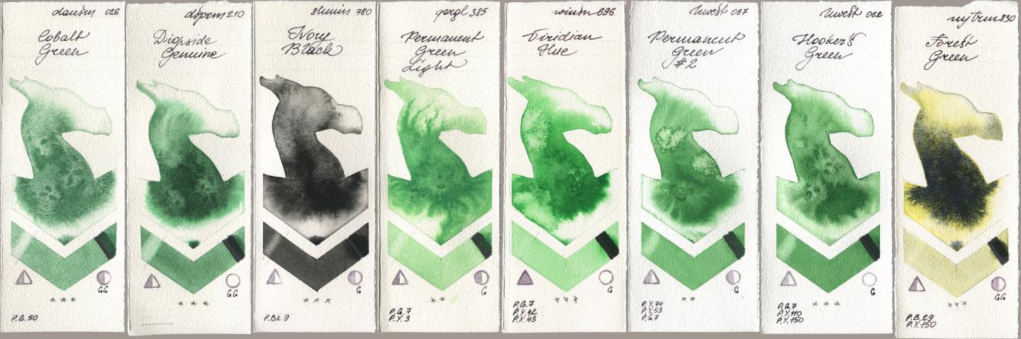 Daniel Smith 026 Cobalt Green, 210 Diopside Genuine, Shminke Horadam Aquarell 780 Ivory Black, Golden QOR 385 Permanent Green Light, Winsor & Newton Professional 696 Viridian Hue, Holbein Artists Watercolor 067 Permanent Green No 2, 062 Hookers Green, Mijello Mission Gold 830 Forest Gre watercolor swatch