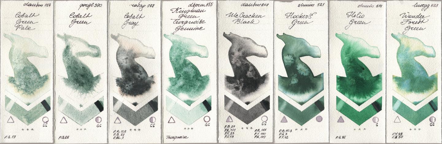 Daniel Smith 027 Cobalt Green Pale, Golden QOR 390 Cobalt Green, Rosa Gallery 768 Cobalt Gray, 155 Kingman Green Turquoise Genuine, 248 McCracken Black, Shminke Horadam Aquarell 521 Hookers Green, 514 Helio Green, Holbein Artists Watercolor 523 Wonder Forest Gre watercolor swatch