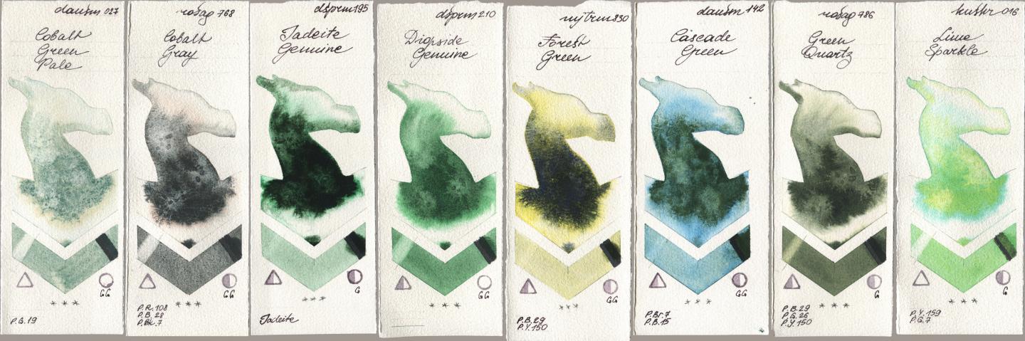 Daniel Smith 027 Cobalt Green Pale, Rosa Gallery 768 Cobalt Gray, 195 Jadeite Genuine, 210 Diopside Genuine, Mijello Mission Gold 830 Forest Green, 142 Cascade Green, 786 Green Quartz, Kusakabe 016 Lime Spark watercolor swatch