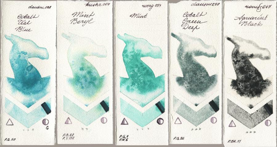 Daniel Smith 028 Cobalt Teal Blue vs Kusakabe 007 Mint Beryl vs Rosa Gallery 754 Mint vs 258 Cobalt Green Deep vs Roman Szmal Aquarius 247 Aquarius Black watercolor swatch