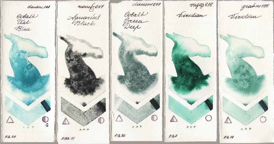 Daniel Smith 028 Cobalt Teal Blue vs Roman Szmal Aquarius 247 Aquarius Black vs 258 Cobalt Green Deep vs Royal Talens Van Gogh Watercolour 616 Viridian vs M. Graham & Co. Artists 195 Viridian watercolor swatch