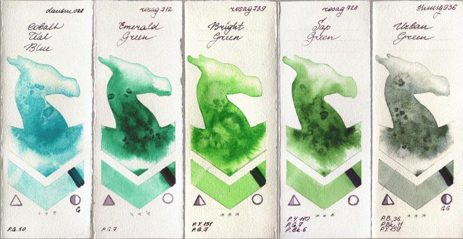Daniel Smith 028 Cobalt Teal Blue vs Rosa Gallery 712 Emerald Green vs 739 Bright Green vs 728 Sap Green vs Shminke Horadam Aquarell 936 Urban Green watercolor swatch