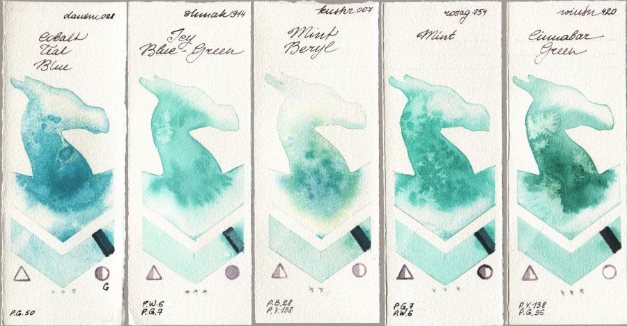 Daniel Smith 028 Cobalt Teal Blue vs Shminke Akademie Aquarell 914 Icy Blue-Green vs Kusakabe 007 Mint Beryl vs Rosa Gallery 754 Mint vs Winsor & Newton Professional 420 Cinnabar Green watercolor swatch
