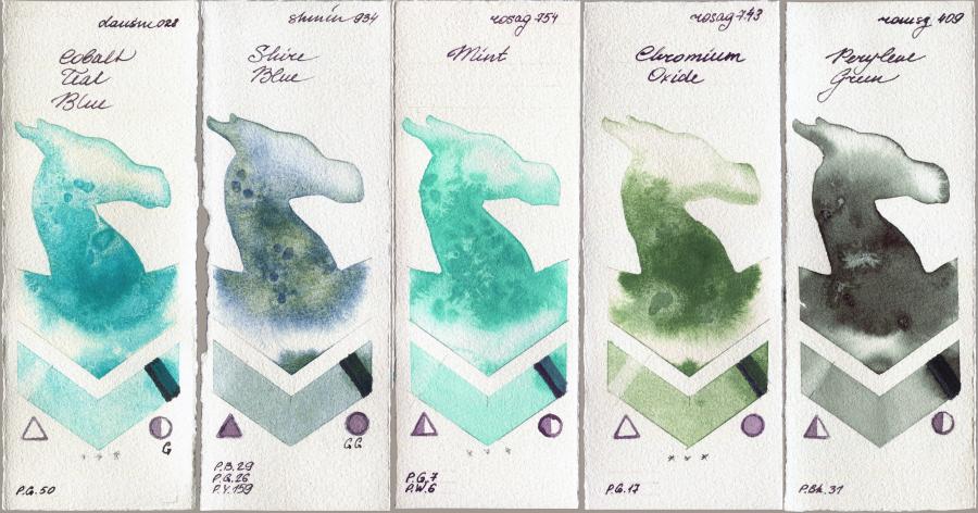 Daniel Smith 028 Cobalt Teal Blue vs Shminke Horadam Aquarell 934 Shire Blue vs Rosa Gallery 754 Mint vs 743 Chromium Oxide vs Roman Szmal Aquarius 409 Perylene Green watercolor swatch
