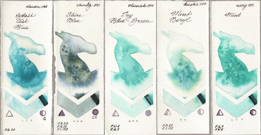 Daniel Smith 028 Cobalt Teal Blue vs Shminke Horadam Aquarell 934 Shire Blue vs Shminke Akademie Aquarell 914 Icy Blue-Green vs Kusakabe 007 Mint Beryl vs Rosa Gallery 754 Mint watercolor swatch