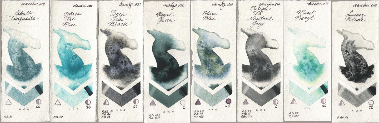 Daniel Smith 029 Cobalt Turquoise, 028 Cobalt Teal Blue, Shminke Horadam Aquarell 955 Deep Sea Black, Rosa Gallery 780 Royal Green, 934 Shire Blue, 244 Joseph Zs Neutral Grey, Kusakabe 007 Mint Beryl, 049 Lunar Bla watercolor swatch