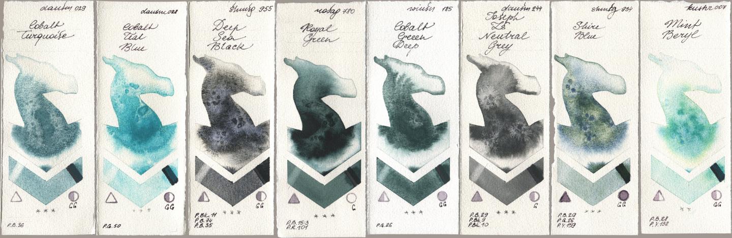 Daniel Smith 029 Cobalt Turquoise, 028 Cobalt Teal Blue, Shminke Horadam Aquarell 955 Deep Sea Black, Rosa Gallery 780 Royal Green, Winsor & Newton Professional 185 Cobalt Green Deep, 244 Joseph Zs Neutral Grey, 934 Shire Blue, Kusakabe 007 Mint Ber watercolor swatch