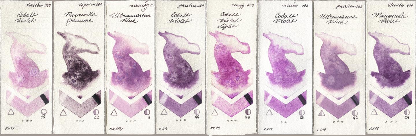 Daniel Smith 030 Cobalt Violet, 164 Purpurite Genuine, Roman Szmal Aquarius 215 Ultramarine Pink, M. Graham & Co. Artists 099 Cobalt Violet, 403 Cobalt Violet Light, Winsor & Newton Professional 192 Cobalt Violet, 192 Ultramarine Pink, Shminke Horadam Aquarell 474 Manganese Viol watercolor swatch