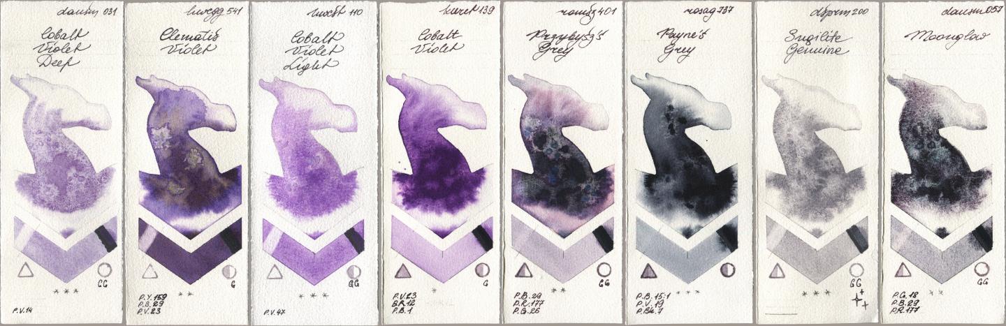 Daniel Smith 031 Cobalt Violet Deep, Holbein Artists Watercolor 541 Clematis Violet, 110 Cobalt Violet Light, Kuretake Gansai Tambi 139 Cobalt Violet, Roman Szmal Aquarius 401 Przybyszs Grey, Rosa Gallery 737 Paynes Grey, 200 Sugilite Genuine, 057 Moongl watercolor swatch