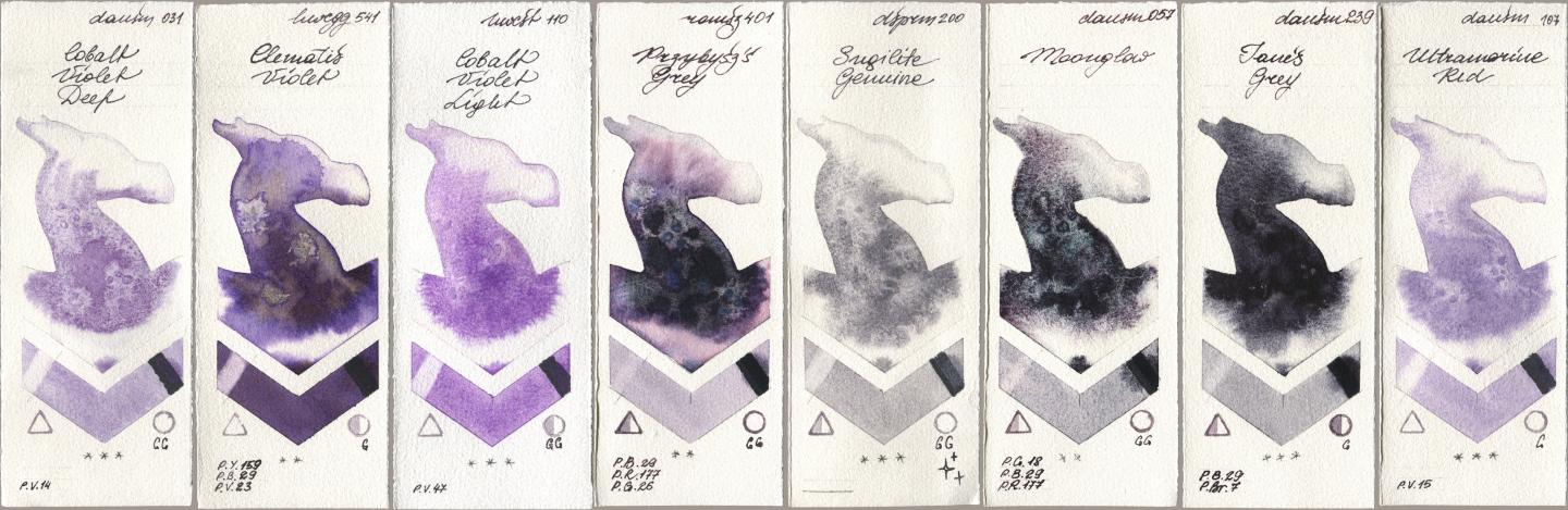 Daniel Smith 031 Cobalt Violet Deep, Holbein Artists Watercolor 541 Clematis Violet, 110 Cobalt Violet Light, Roman Szmal Aquarius 401 Przybyszs Grey, 200 Sugilite Genuine, 057 Moonglow, 239 Janes Grey, 107 Ultramarine R watercolor swatch