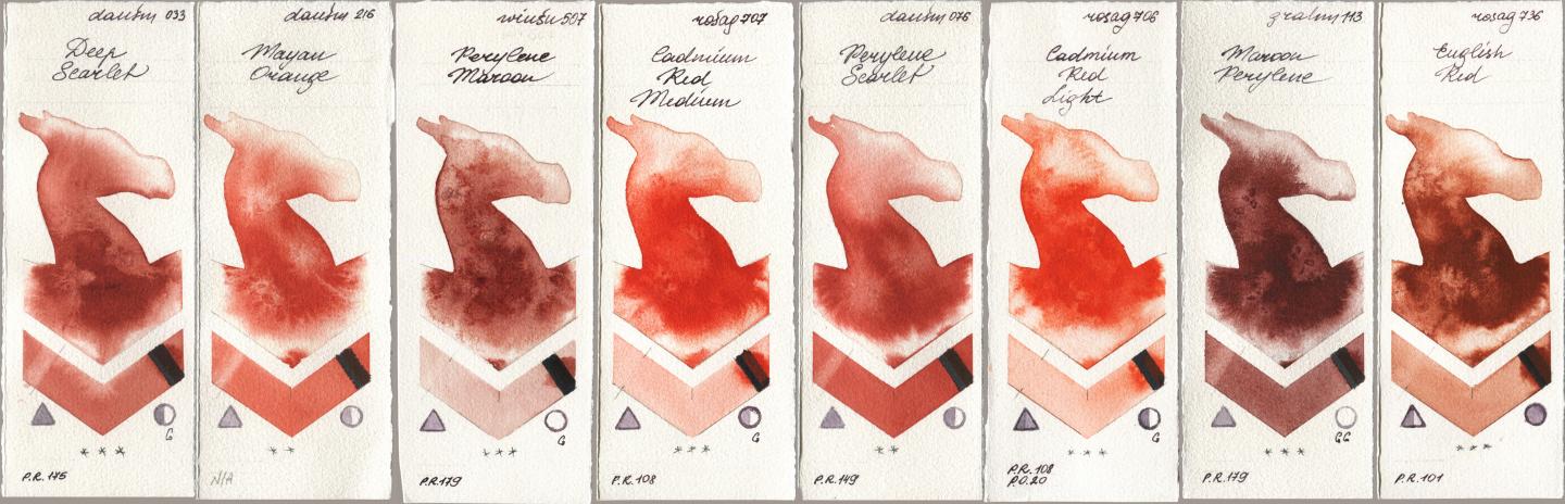Daniel Smith 033 Deep Scarlet, 216 Mayan Orange, Winsor & Newton Professional 507 Perylene Maroon, Rosa Gallery 707 Cadmium Red Medium, 076 Perylene Scarlet, 706 Cadmium Red Light, M. Graham & Co. Artists 113 Maroon Perylene, 736 English R watercolor swatch