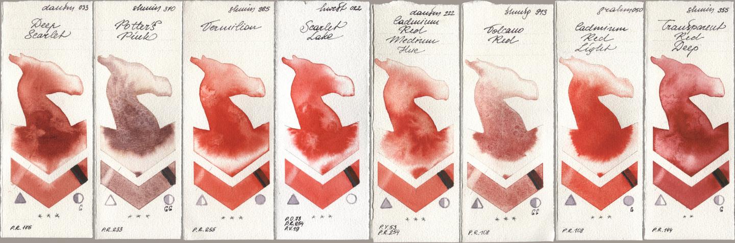 Daniel Smith 033 Deep Scarlet, Shminke Horadam Aquarell 370 Potters Pink, 365 Vermilion, Holbein Artists Watercolor 022 Scarlet Lake, 222 Cadmium Red Medium Hue, 913 Volcano Red, M. Graham & Co. Artists 050 Cadmium Red Light, 355 Transparent Red De watercolor swatch