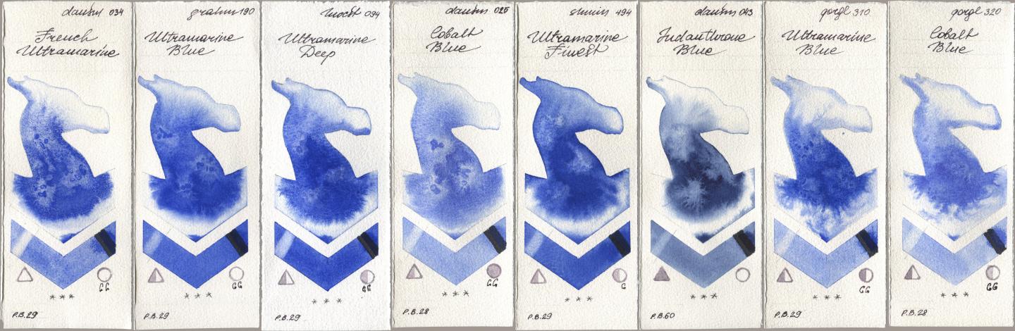 Daniel Smith 034 French Ultramarine, M. Graham & Co. Artists 190 Ultramarine Blue, Holbein Artists Watercolor 094 Ultramarine Deep, 025 Cobalt Blue, Shminke Horadam Aquarell 494 Ultramarine Finest, 043 Indanthrone Blue, Golden QOR 310 Ultramarine Blue, 320 Cobalt Bl watercolor swatch