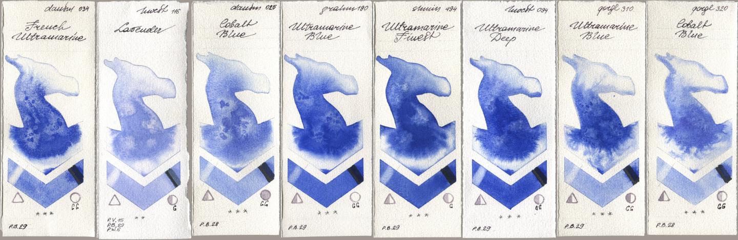Daniel Smith 034 French Ultramarine, Holbein Artists Watercolor 116 Lavender, 025 Cobalt Blue, M. Graham & Co. Artists 190 Ultramarine Blue, Shminke Horadam Aquarell 494 Ultramarine Finest, 094 Ultramarine Deep, Golden QOR 310 Ultramarine Blue, 320 Cobalt Bl watercolor swatch