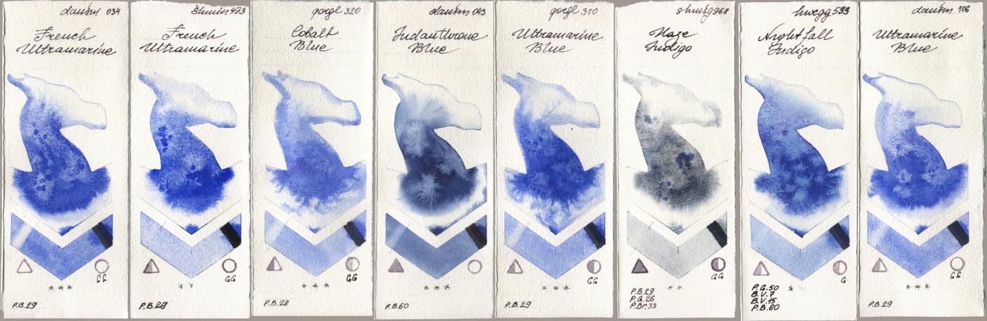 Daniel Smith 034 French Ultramarine, Shminke Horadam Aquarell 493 French Ultramarine, Golden QOR 320 Cobalt Blue, 043 Indanthrone Blue, 310 Ultramarine Blue, 968 Haze Indigo, Holbein Artists Watercolor 533 Nightfall Indigo, 106 Ultramarine Bl watercolor swatch