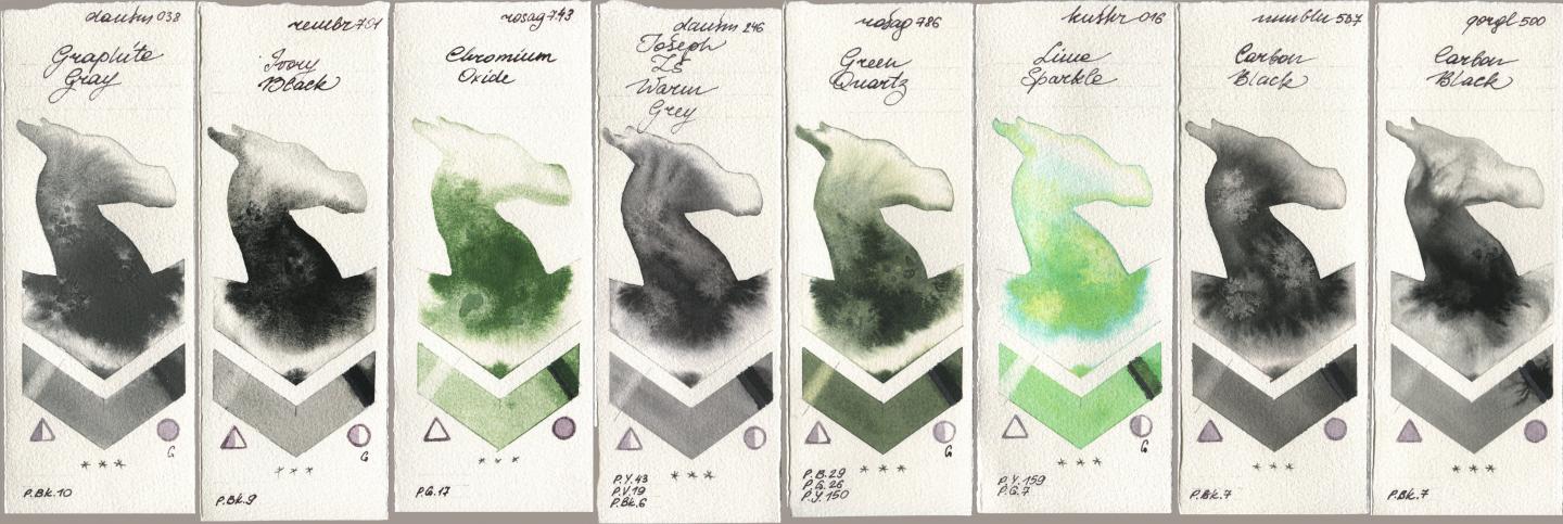 Daniel Smith 038 Graphite Gray, Royal Talens Rembrandt Watercolour 701 Ivory Black, Rosa Gallery 743 Chromium Oxide, 246 Joseph Zs Warm Grey, 786 Green Quartz, Kusakabe 016 Lime Sparkle, Maimeri Blu 537 Carbon Black, Golden QOR 500 Carbon Bla watercolor swatch