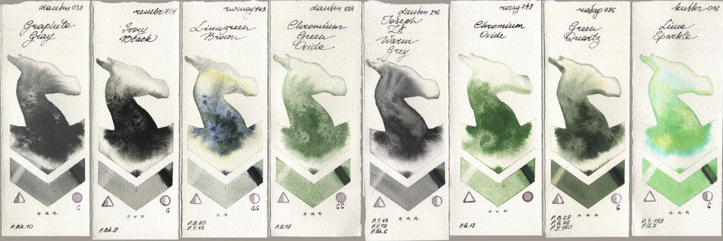 Daniel Smith 038 Graphite Gray, Royal Talens Rembrandt Watercolour 701 Ivory Black, Rockwell 143 Limugreen Brown, 024 Chromium Green Oxide, 246 Joseph Zs Warm Grey, Rosa Gallery 743 Chromium Oxide, 786 Green Quartz, Kusakabe 016 Lime Spark watercolor swatch