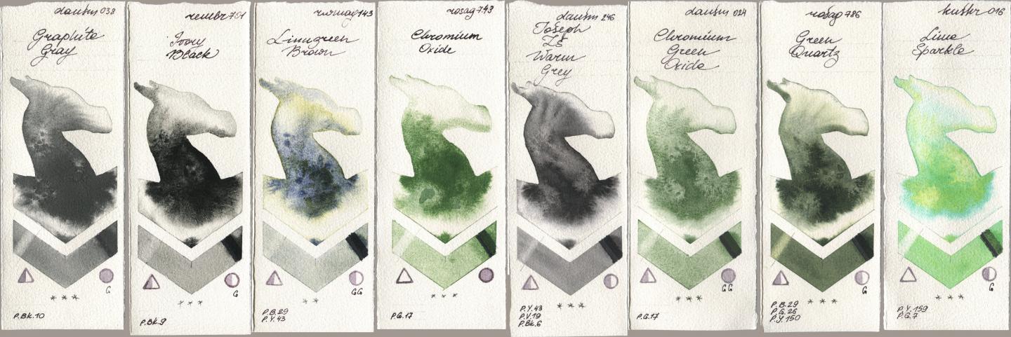 Daniel Smith 038 Graphite Gray, Royal Talens Rembrandt Watercolour 701 Ivory Black, Rockwell 143 Limugreen Brown, Rosa Gallery 743 Chromium Oxide, 246 Joseph Zs Warm Grey, 024 Chromium Green Oxide, 786 Green Quartz, Kusakabe 016 Lime Spark watercolor swatch