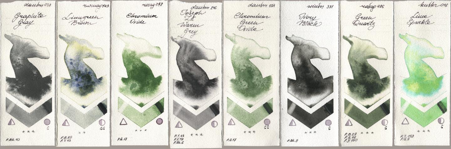 Daniel Smith 038 Graphite Gray, Rockwell 143 Limugreen Brown, Rosa Gallery 743 Chromium Oxide, 246 Joseph Zs Warm Grey, 024 Chromium Green Oxide, Winsor & Newton Professional 331 Ivory Black, 786 Green Quartz, Kusakabe 016 Lime Spark watercolor swatch